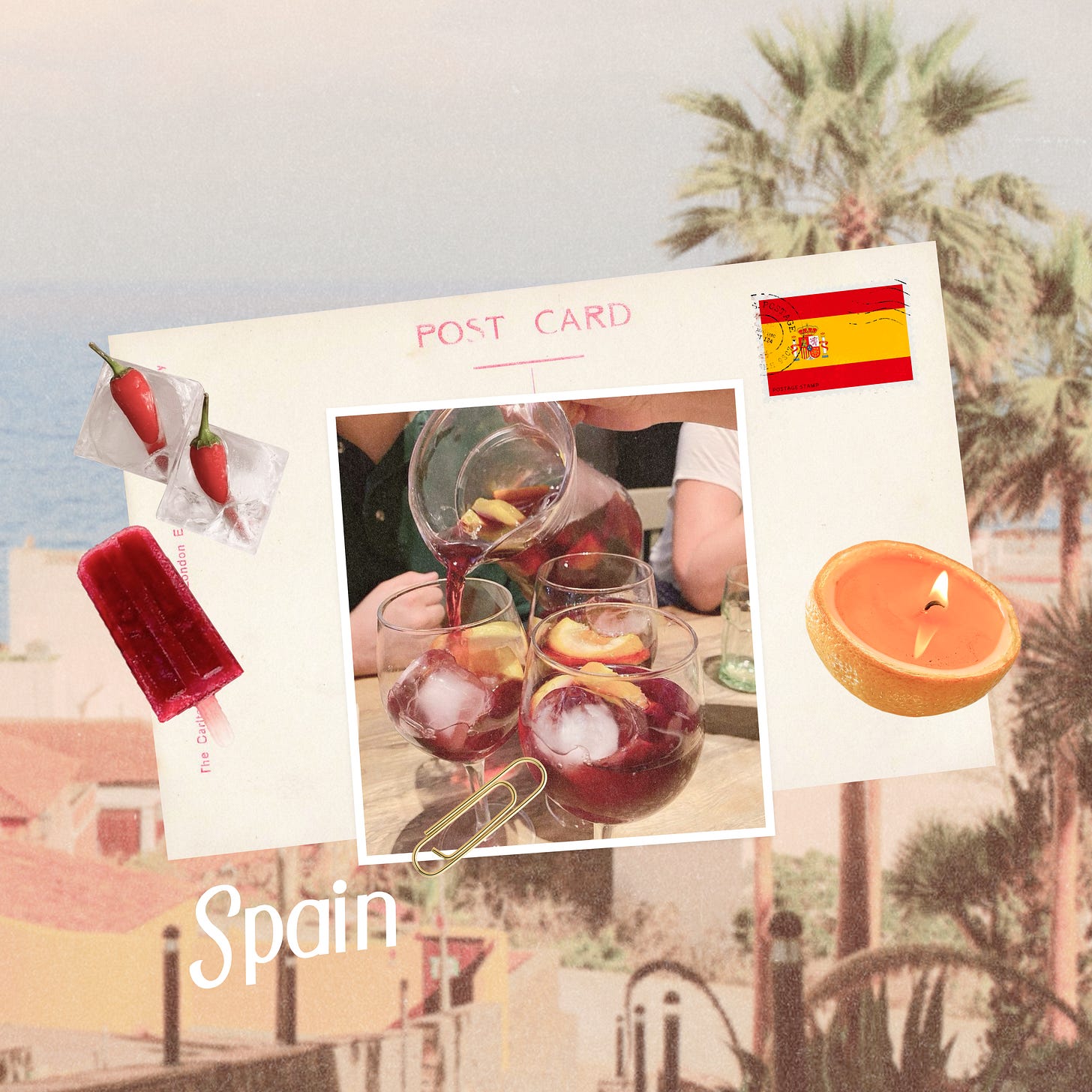 A Spain-themed postcard collage featuring a photo of sangria being poured into glasses, with a popsicle, orange candle, and Spanish flag stamp. A Spain-themed postcard collage featuring a photo of sangria being poured into glasses, with a popsicle, orange candle, and Spanish flag stamp.