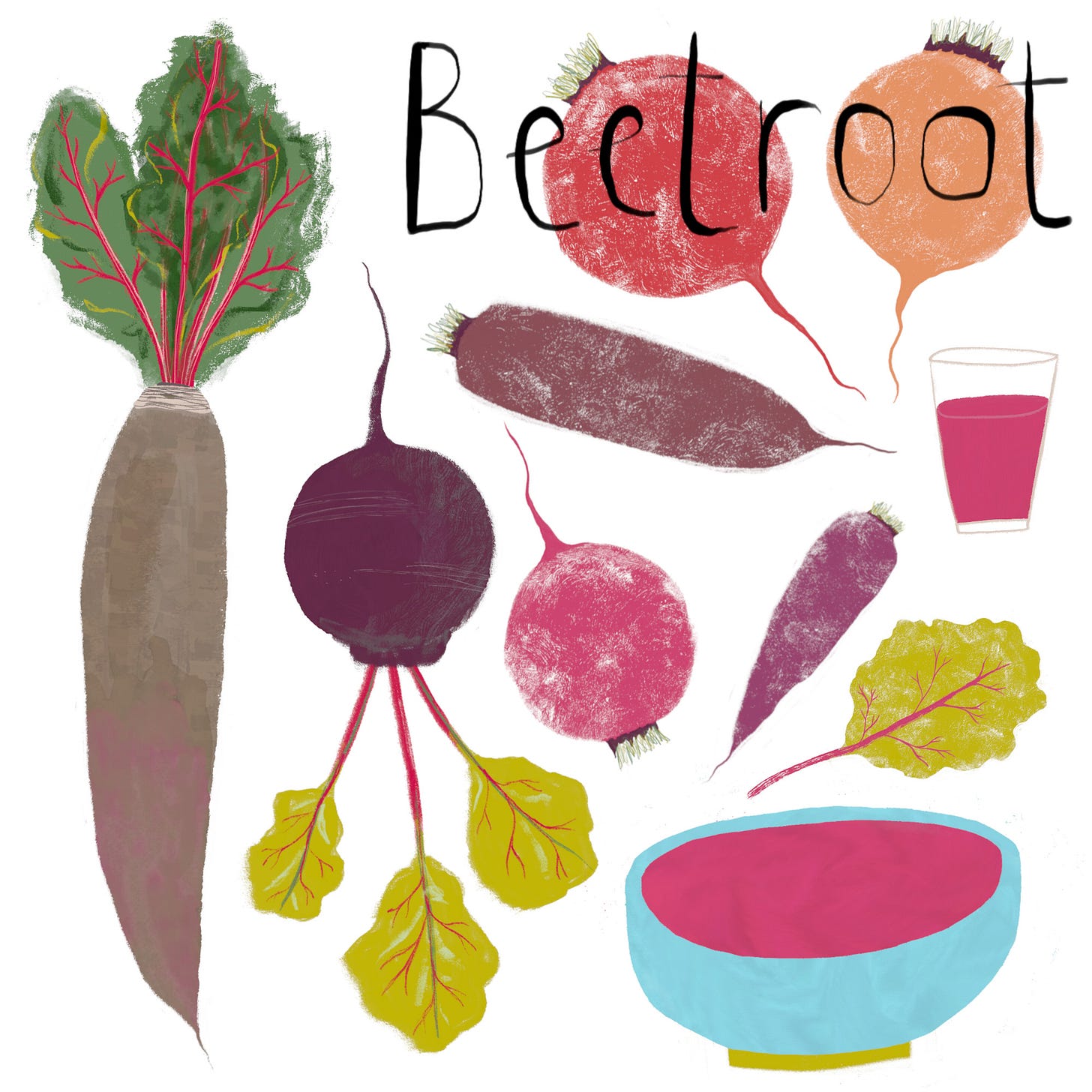 Header illustration: Beetroot. Includes lots of drawings of different kinds of beetroots, a bowl of beetroot soup and a glass of beetroot juice. Illustrated and hand-lettered by Tasha Goddard.