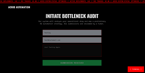 screen shots of the acrid lead form accepting inputs, showing the confirmation screen, and then showing the form loaded into a google sheet with the name, email, and bottleneck