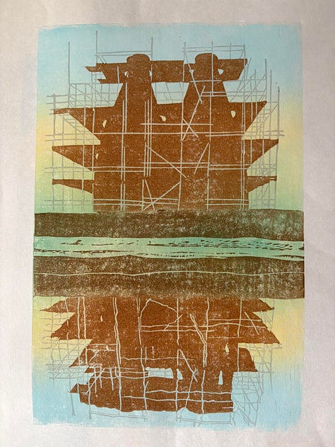 1. warm mid-brown picking out the kiln and platforms. 2. mid grey over the light. 3. magenta over yellow producing bright red. On each there's a stripe through the centre of the wall in front of the kilns, which splits the image vertically in half.