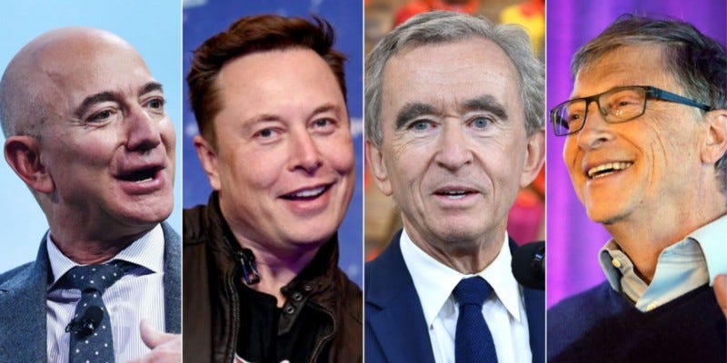 Photos of Jeff Bezos, Elon Musk, Bernard Arnault, and Bill Gates