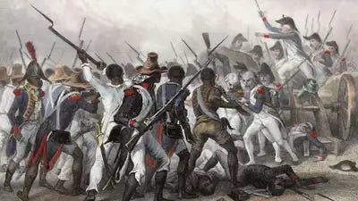 A painting of Haitian rebels fighting French soldiers A painting of Haitian rebels fighting French soldiers