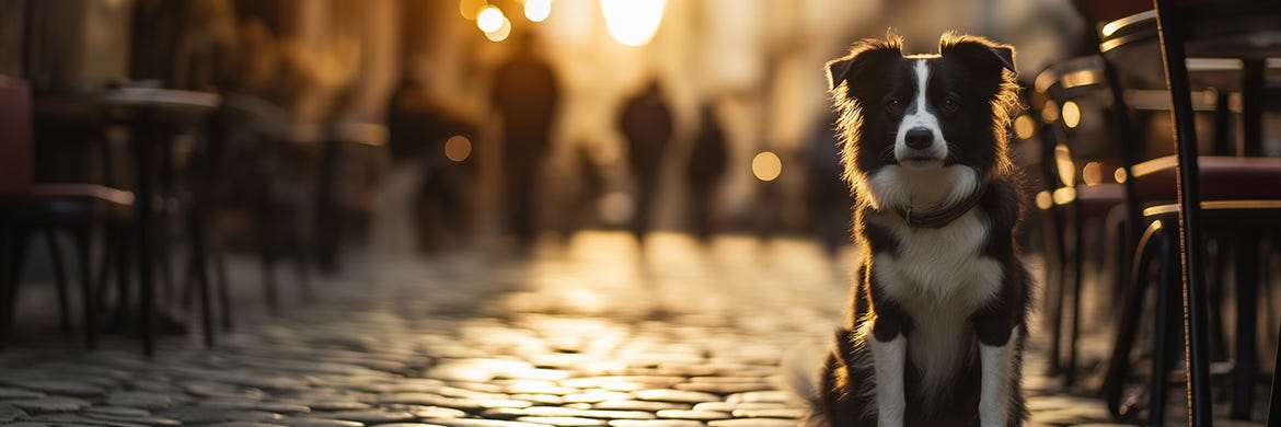 Border Collie in glowing city plaza, tuned in and alert. A nod to instinct and connection, from the THiNK LiKE A DOG mindset.