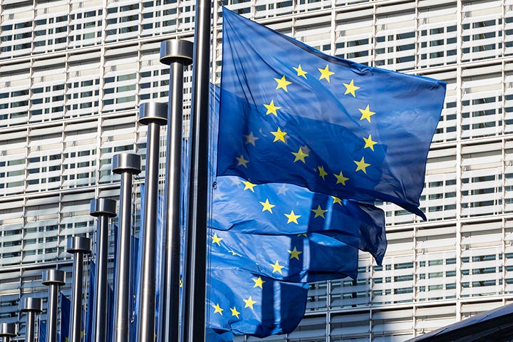 Flags of Europe as seen waving from the flagpoles.