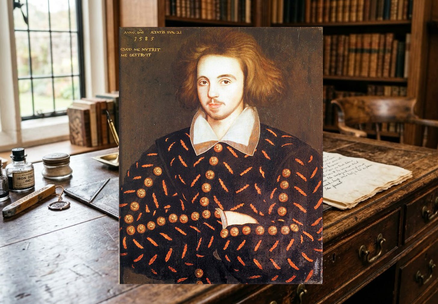 Portrait sits on the background of an old writing desk Portrait sits on the background of an old writing desk