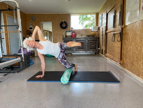 nine photos with a white haired woman in exercise clothing doing each of the Pilates exercises listed in the email