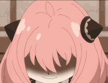 a close up of a pink haired anime girl smiling with her eyes closed a close up of a pink haired anime girl smiling with her eyes closed