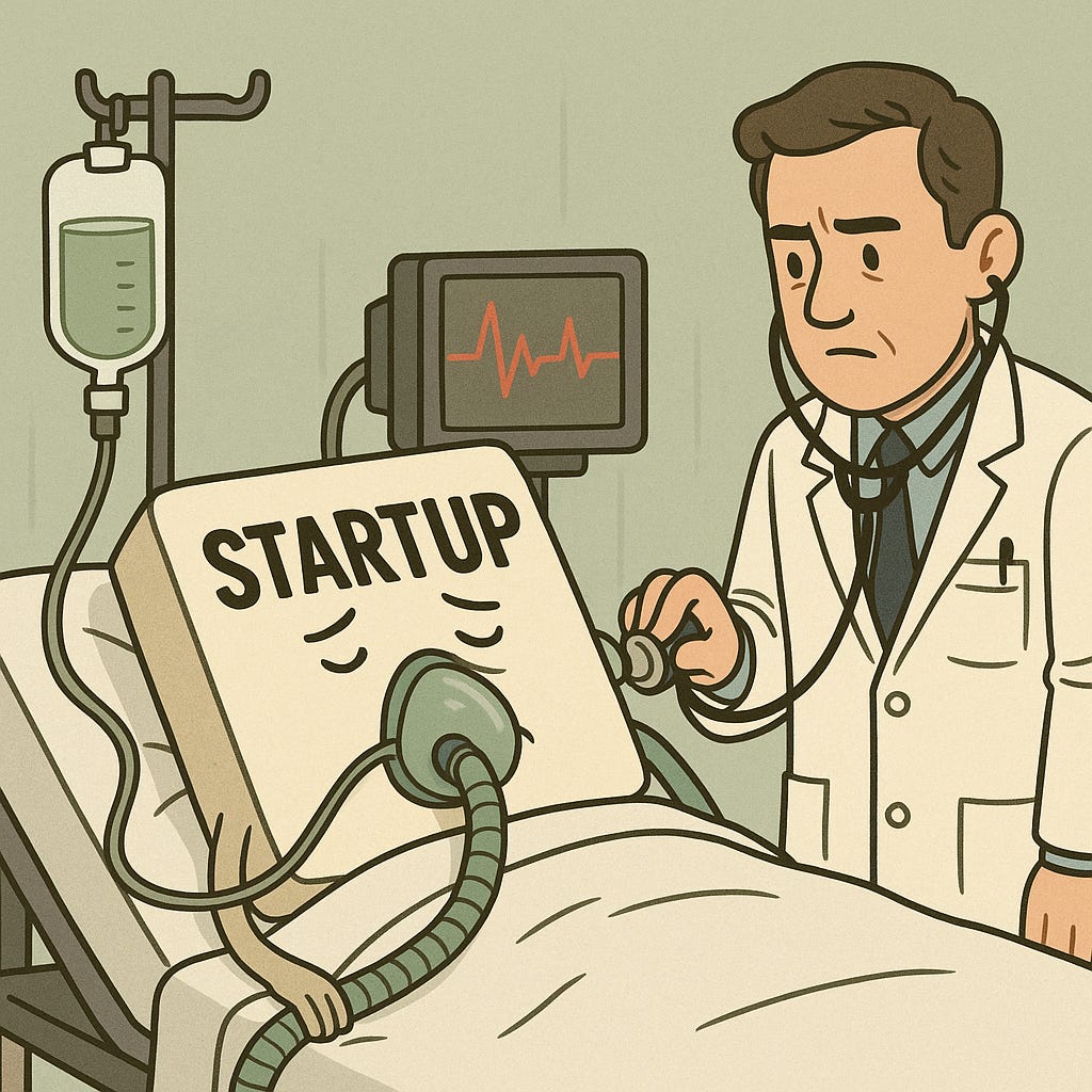 Cartoon illustration of a doctor examining a “Startup” patient on life support, symbolizing companies running out of cash.