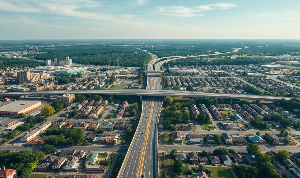 An image of a highway splitting a town in half