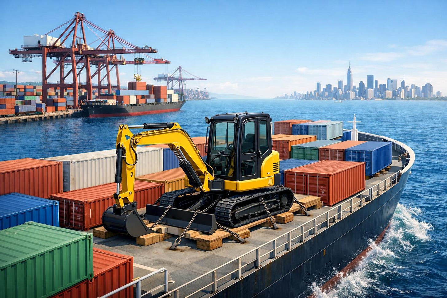 Mini excavator loaded on a cargo ship at a busy port with cranes, sailing towards a distant city skyline. Mini excavator loaded on a cargo ship at a busy port with cranes, sailing towards a distant city skyline.