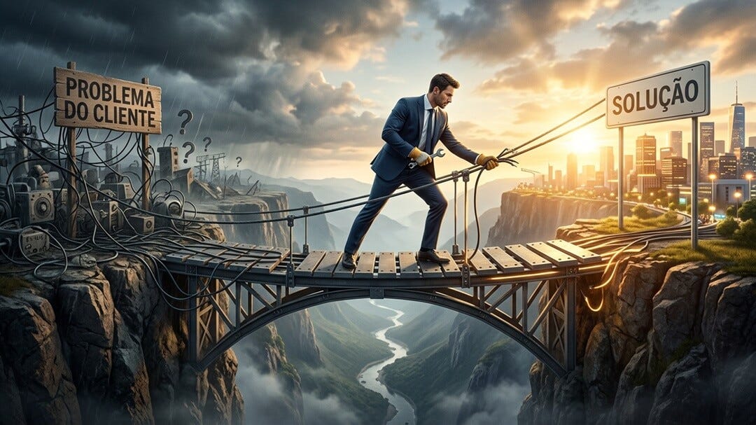 imagem de um vendedor em cima de uma ponte. De um lado os problemas do cliente, do outro lado uma placa com a solução imagem de um vendedor em cima de uma ponte. De um lado os problemas do cliente, do outro lado uma placa com a solução