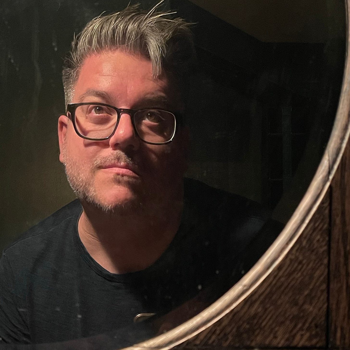 Close-up of my face in a circular mirror with stark, dramatic lighting. My hair and stubble are mostly salt-and-pepper with silvery highlights and I'm wearing black rimmed glasses, betraying my middle-aged hipsterishness. My expression has a slight semi-mysterious smirk that's meant to communicate a sort of joie de vivre that, to me, means I am amazed by the world in a very interesting way.