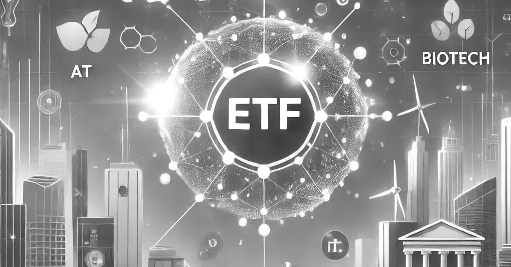 A clean and simple infographic-style image illustrating the concept of investing in Tech ETFs for future tech growth. The visual features a futuristic city skyline with glowing technology icons like AI, green energy, biotech, and blockchain orbiting around an ETF fund symbol. The text '🚀 Understanding Tech ETFs: A Guide to Building Wealth from Future Tech' is displayed in bold, modern fonts at the top. The color scheme is professional and sleek, with shades of blue, green, and white to convey innovation and trust. Minimalist and elegant design to appeal to retail investors.
