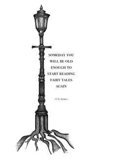 This may contain: a black and white drawing of a street light with roots growing out of the pole