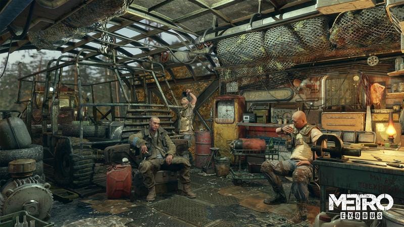 Three men congregate in a ramshackle train carriage.