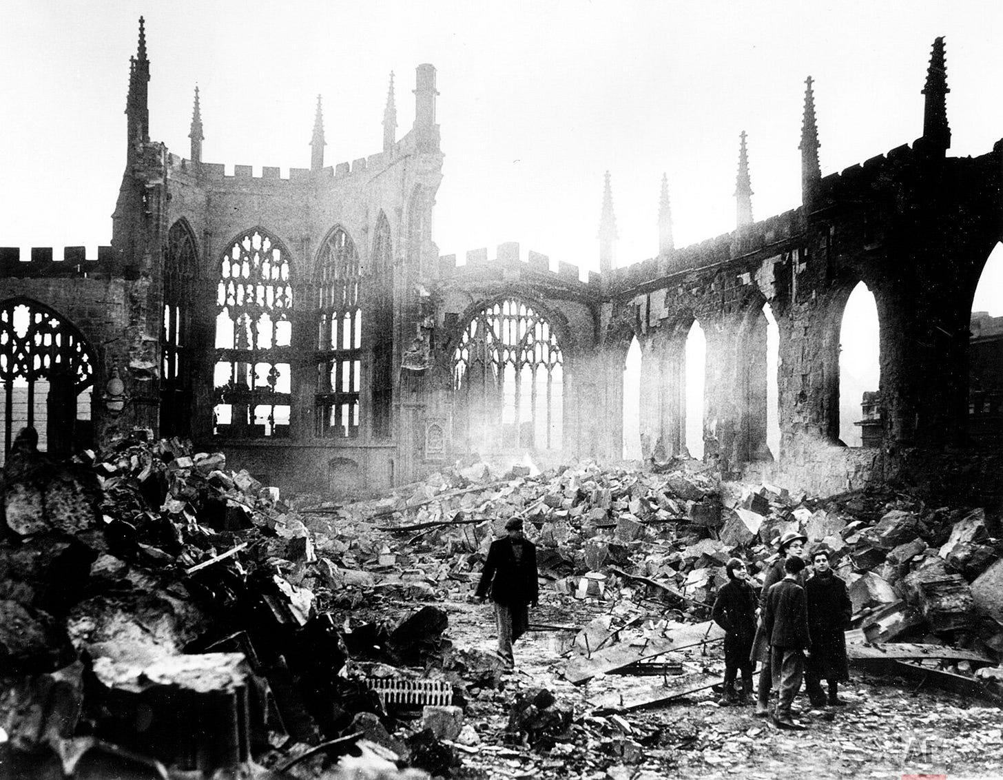 The magnificent Coventry Cathedral, a 14th-century architectural marvel, lies in ruins on November 14, 1940, tragically destroyed by a relentless German air raid during the Blitz. The magnificent Coventry Cathedral, a 14th-century architectural marvel, lies in ruins on November 14, 1940, tragically destroyed by a relentless German air raid during the Blitz.