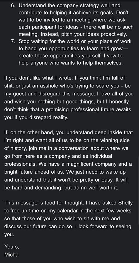 The images are screenshots of an X post by Micha Kaufman talking about his vision for how AI will impact the workplace.