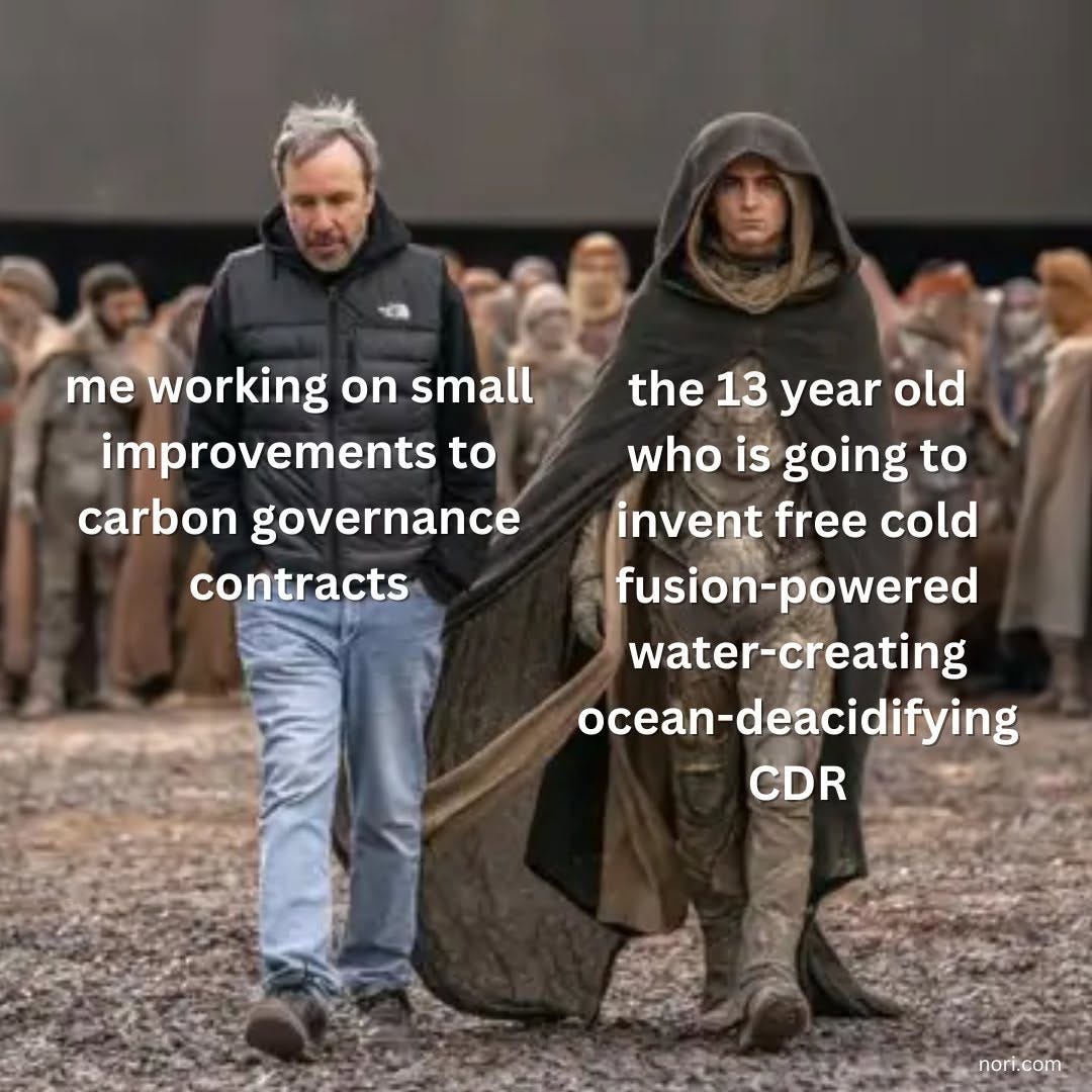 Denis Villeneuve walking beside a hooded Timothée Chalamet on the Dune set. The director is labelled "me working on small improvements to carbon governance contracts"; the actor "the 13 year old who is going to invent free cold fusion-powered water-creating ocean-deacidifying CDR".