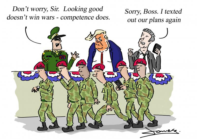 Trump watches soldiers marching badly whilst his defence secretary leaks more classified information