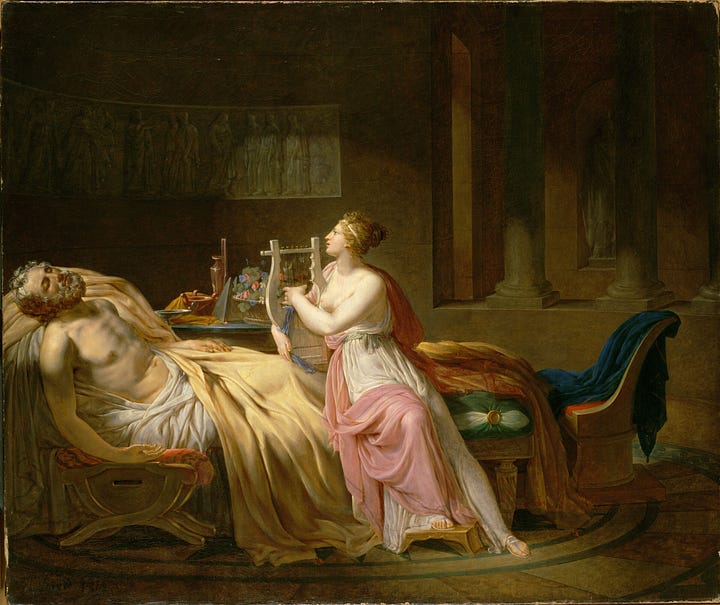 Homer Singing His Iliad at the Gate of Athens, Guillaume Lethière (c.1814); Calliope Mourning Homer, Jacques-Louis David (1812)