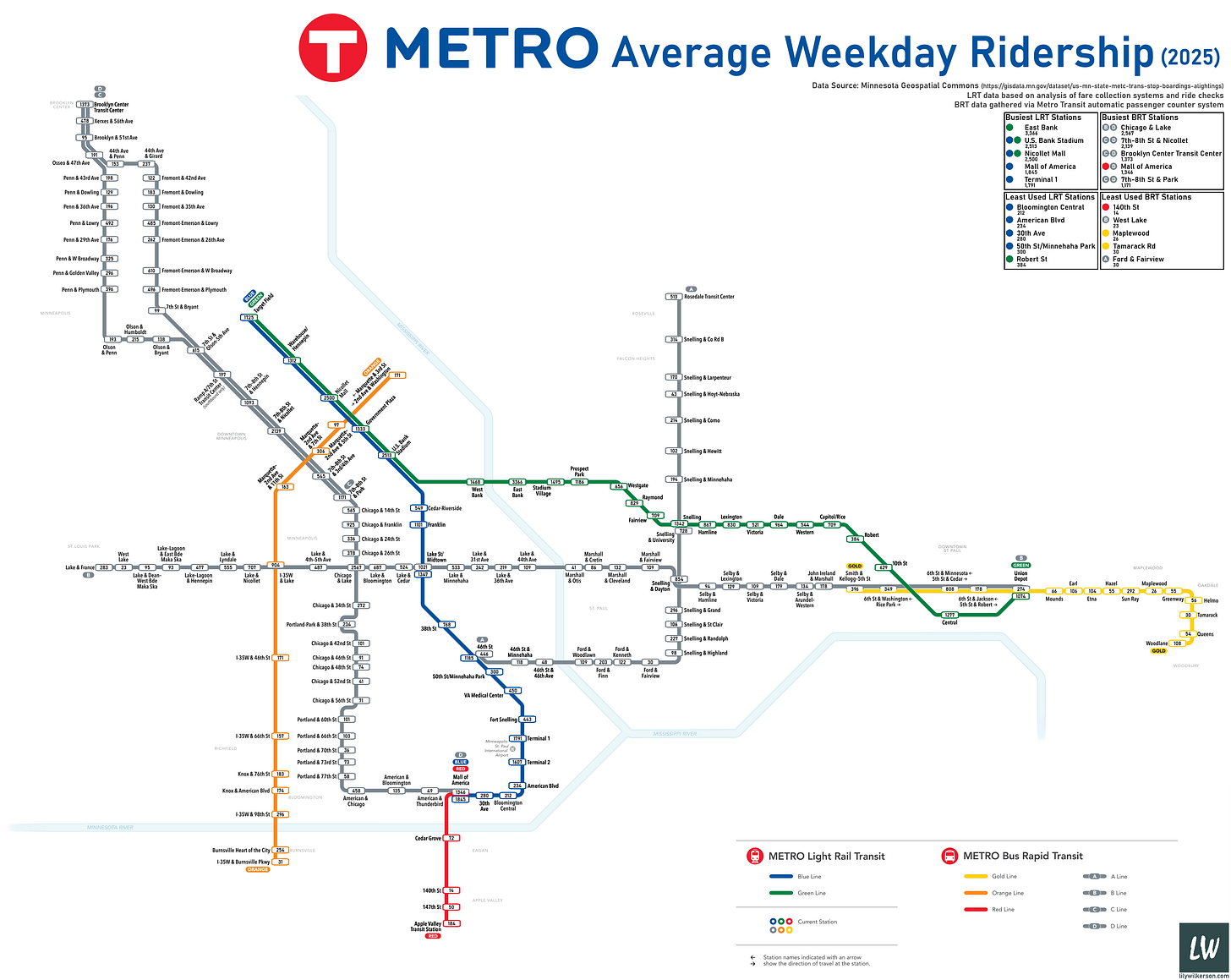 r/transit - Minneapolis Metro Transit 2025 Ridership by Station