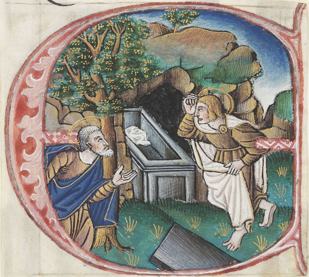 Historiated initial G depicting John and Peter discovering the empty tomb -  Digital Collections - Free Library