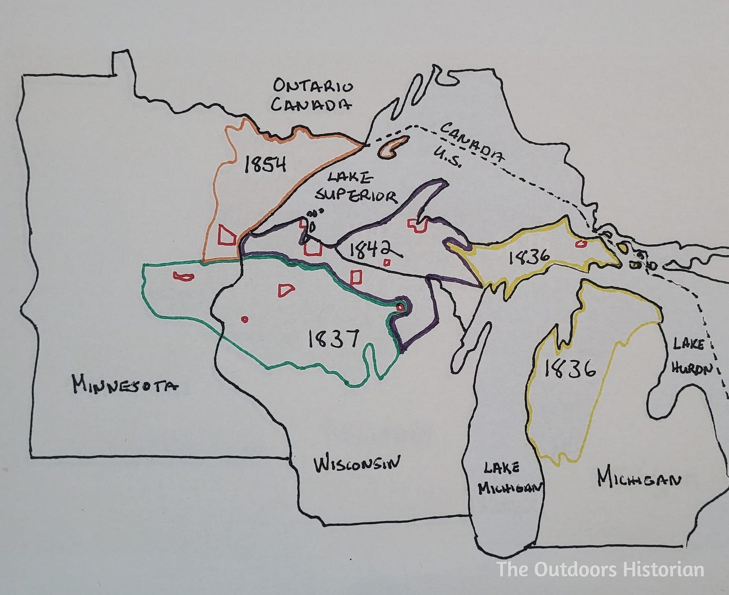 A hand-drawn map of the Upper Great Lakes region, outlining the specific boundaries of Anishinaabe territories ceded to the United States in the treaties of 1836, 1842, and 1854 across what is now northern Wisconsin, Michigan, and Minnesota.