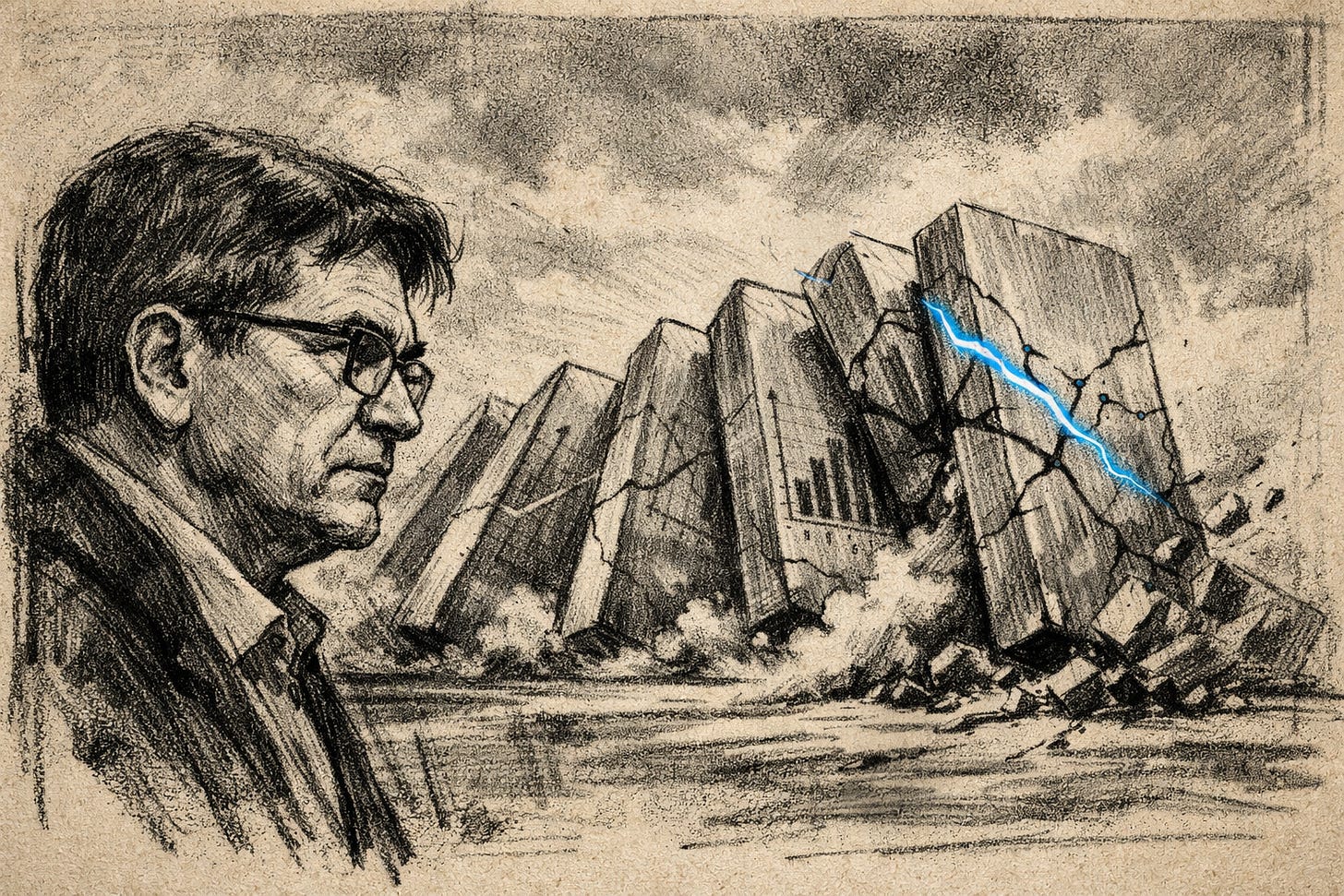 A gritty charcoal drawing of Yann LeCun in the foreground. Behind him, massive stone monoliths etched with graphs are toppling like dominoes. A blue fracture line glows on the falling stone.