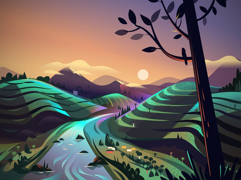 Tea Meadows - WIP | Landscape illustration, Artwork painting, Illustration Tea Meadows - WIP | Landscape illustration, Artwork painting, Illustration