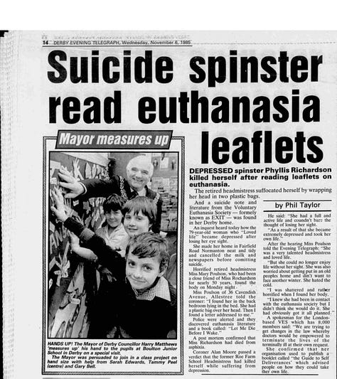 A series of 1980s local press headlines like "Coroner Slams 'Suicide' Society responding to deaths of people who'd used EXIT's book to die