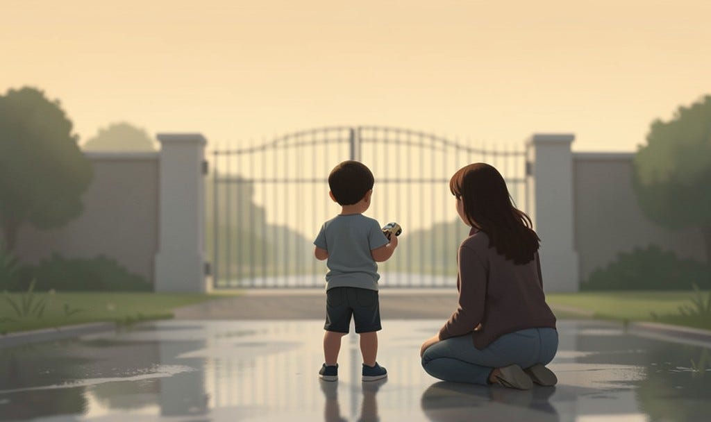 A small boy, seen from behind, stands on wet ground holding a toy car and looking at a large closed gate. His mother kneels beside him in the hazy evening light. A small boy, seen from behind, stands on wet ground holding a toy car and looking at a large closed gate. His mother kneels beside him in the hazy evening light.