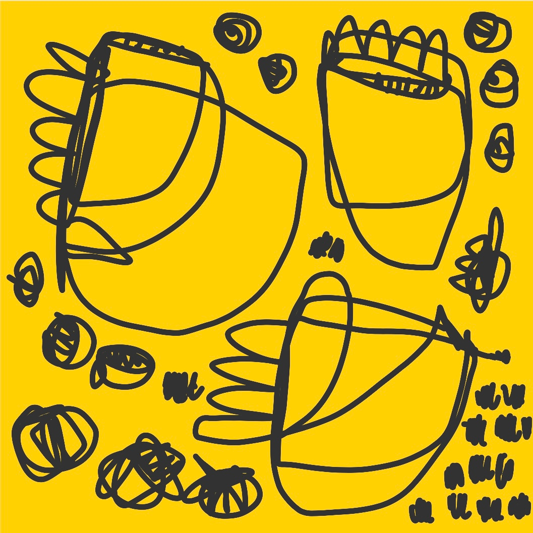 yellow square background with small tight scribbles and medium circular scribbles