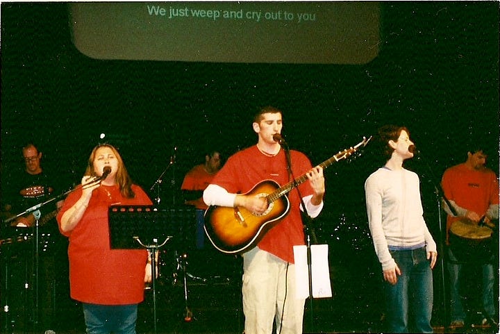 Images of people singing and playing guitar, image of people in car smiling, images of two women smiling