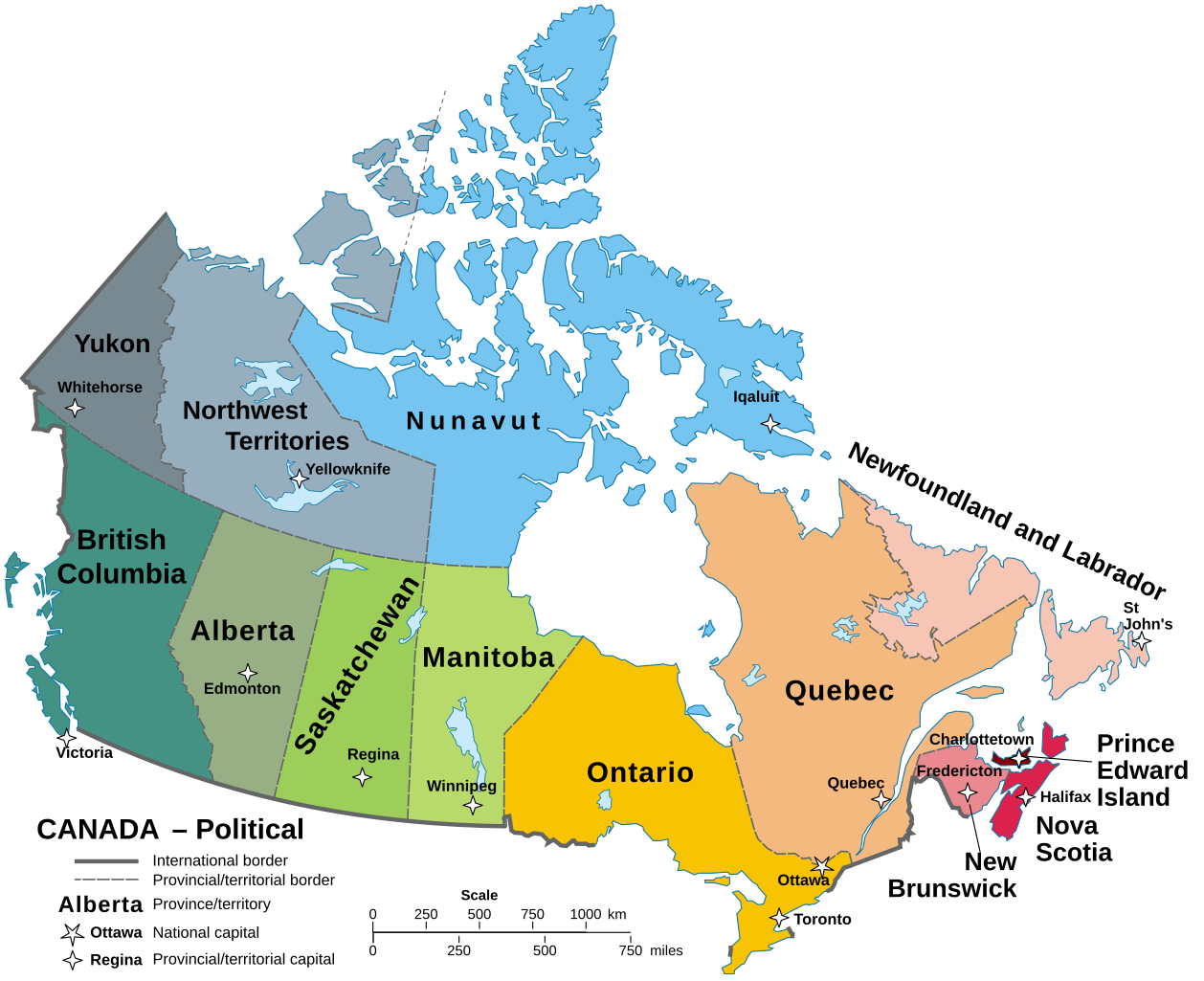 Una mappa del Canada dove province e territori sono riconoscibili facilmente perché ognuno ha un colore diverso