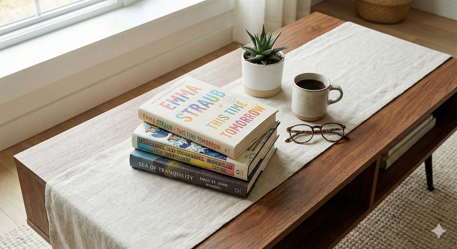 A stack of three books rest on a coffee table. The top book is Emma Straub's This Time Tomorrow. Light comes through a window and there is also a small potted plant and a pair of glasses on the table.