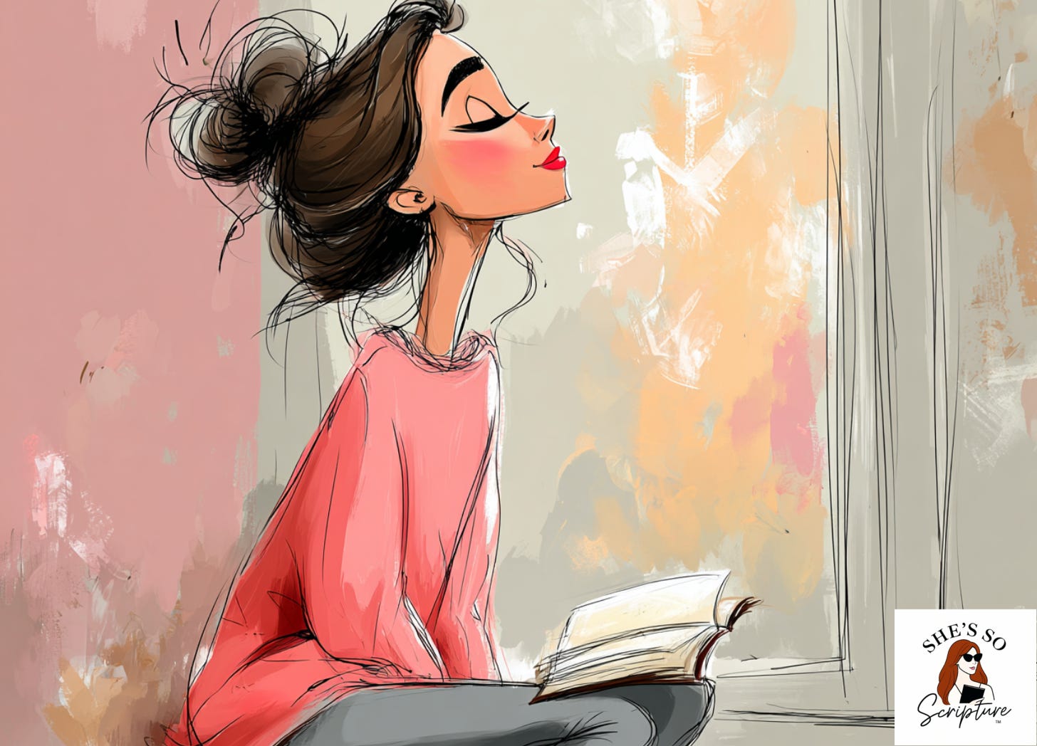 Whimsical fashion illustration of a woman sitting in a window seat with an open Bible, eyes closed in quiet contemplation, blush pink and cream watercolor tones Whimsical fashion illustration of a woman sitting in a window seat with an open Bible, eyes closed in quiet contemplation, blush pink and cream watercolor tones