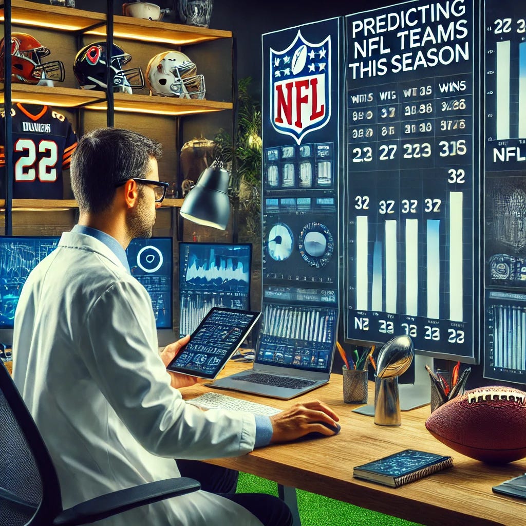 A data scientist in a modern office setting working on predicting the number of wins an NFL team will have this season. The scientist is surrounded by computer monitors displaying various charts, graphs, and statistical data. On one screen, a bar graph shows different NFL teams with projected win numbers. The scientist is wearing glasses, a lab coat, and is holding a tablet. There are NFL memorabilia, like team jerseys and helmets, on shelves in the background, emphasizing the sports analytics theme.