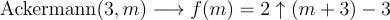 \textrm{Ackermann} (3, m) \longrightarrow f(m) = 2\uparrow(m + 3) — 3