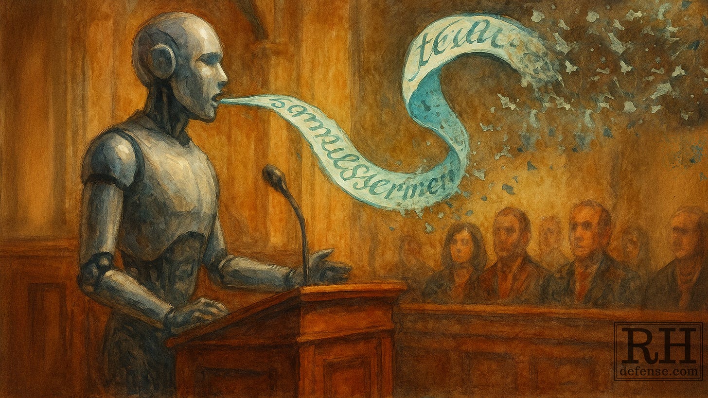 A humanoid robot stands at a wooden podium in a courtroom, speaking toward a jury. From its mouth flows a glowing teal ribbon of text that looks elegant at first but fragments and disintegrates into the air, while the jurors gaze on intently. A humanoid robot stands at a wooden podium in a courtroom, speaking toward a jury. From its mouth flows a glowing teal ribbon of text that looks elegant at first but fragments and disintegrates into the air, while the jurors gaze on intently.