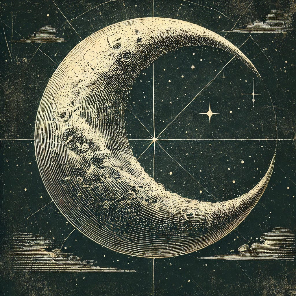 An old crescent moon with a vintage, engraved style, reminiscent of old astronomical illustrations. The moon appears aged and textured, with visible cracks and weathered details, symbolizing outdated ideas. The background is dark with faint stars, enhancing the antique feel. The image should have a surreal and slightly eerie ambiance, evoking the passage of time and obsolete beliefs.