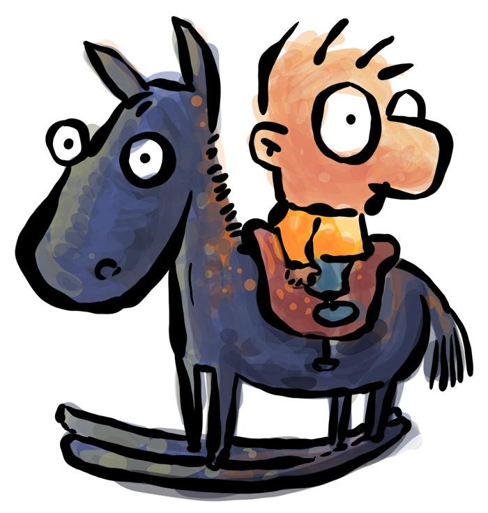 A cartoon of a child riding a horse

Description automatically generated