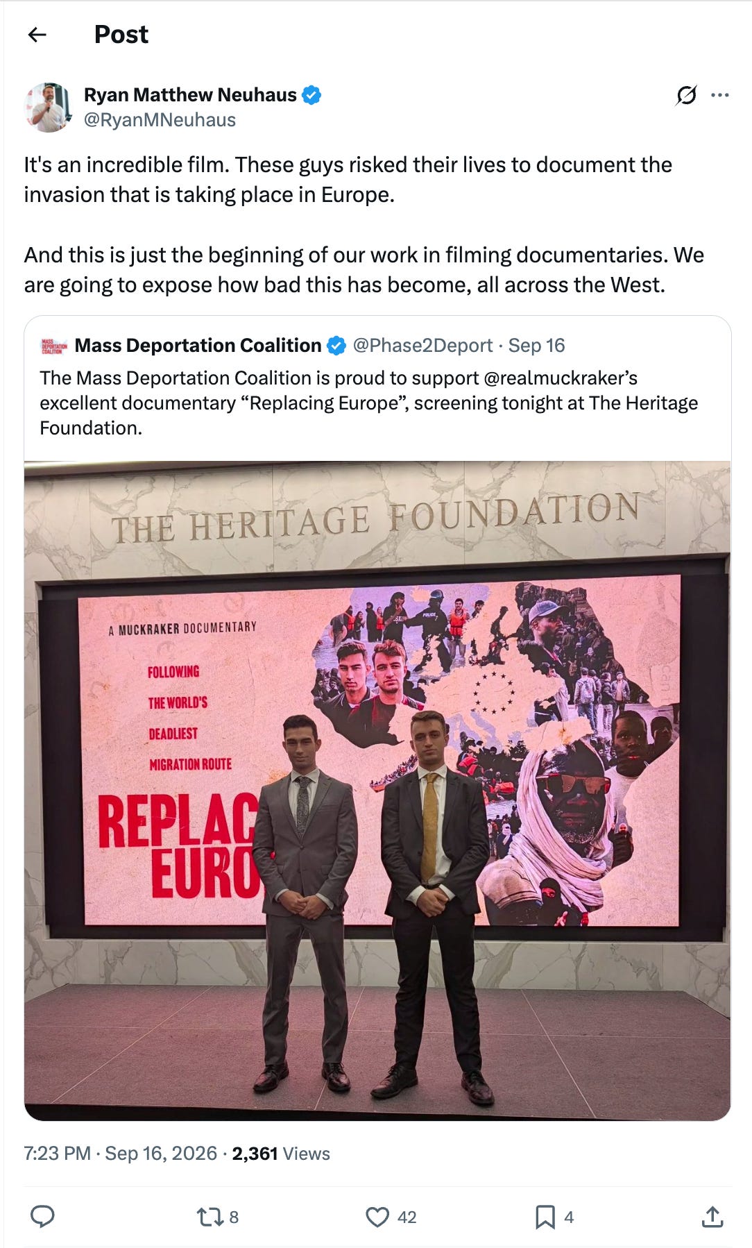 Tweet showing Ryan Neuhaus promoting the film Replacing Europe, calling it incredible.