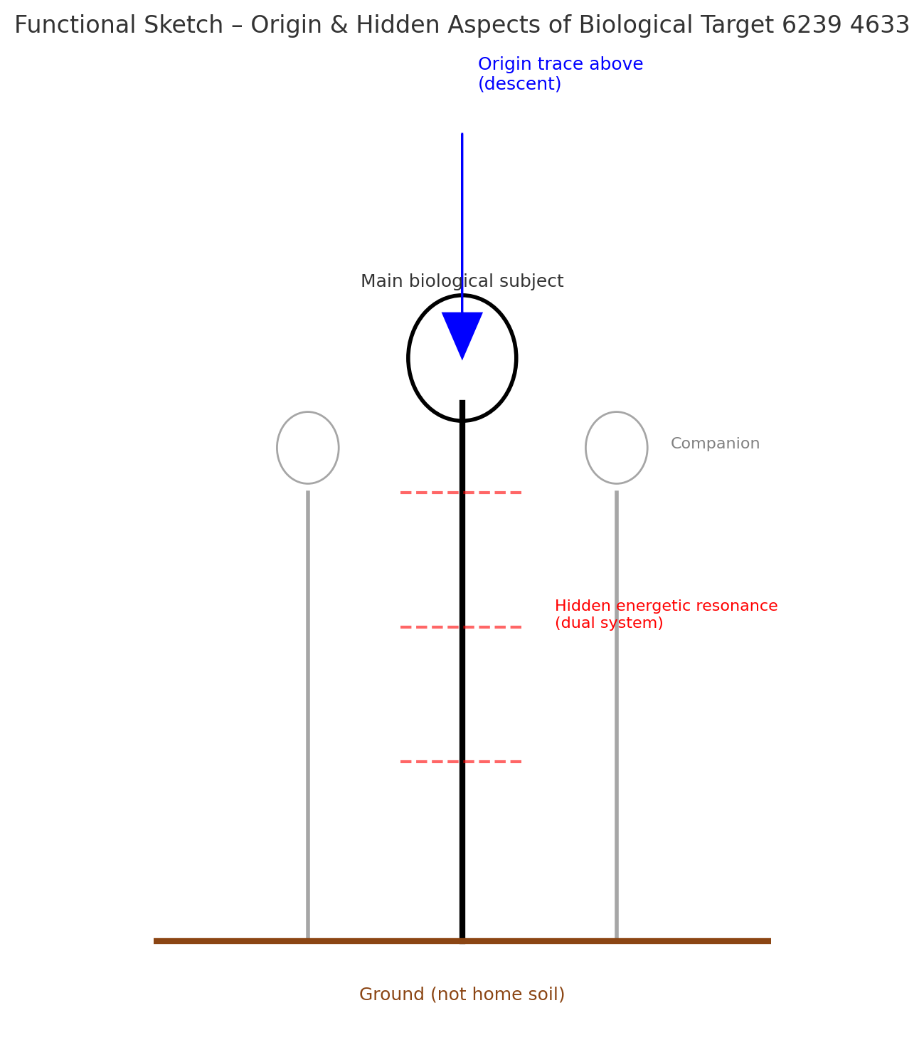 Tall central being with black oval head. A blue downward arrow above indicates descent from origin. Red dashed lines across torso show hidden energetic resonance. Two companions stand faintly at the sides. Ground beneath is natural but labeled “not home soil.” Tall central being with black oval head. A blue downward arrow above indicates descent from origin. Red dashed lines across torso show hidden energetic resonance. Two companions stand faintly at the sides. Ground beneath is natural but labeled “not home soil.”