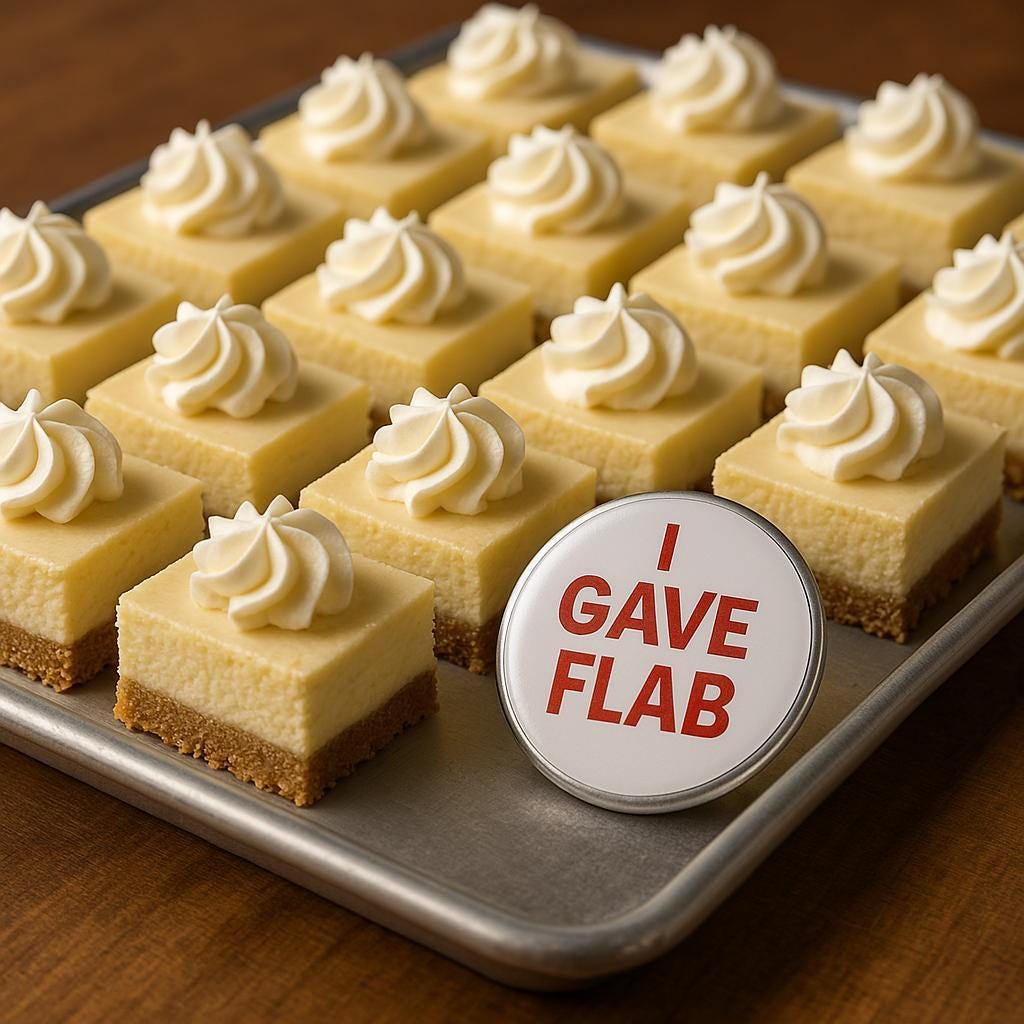 A tray of cheesecake slices topped with whipped cream, with a round red-and-white button in front that reads “I GAVE FLAB.
