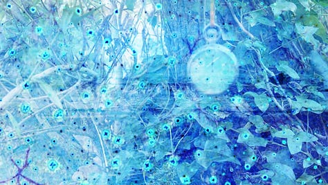 A group of nine composite images with themes that include the ocea, closeups of sand and wide shots of beaches, waves crashing in various directions, a pocket watch, the full moon, trees and nature, blue amoeba-like specs, and a person crouching on the beach. The images span from textured and grainy 8mm to high-definition and more smooth.