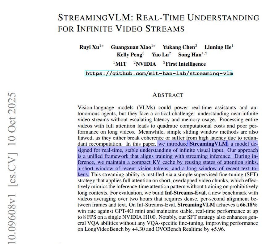 Screenshot of academic paper titled StreamingVLM Real-Time Understanding for Infinite Video Streams by authors Ruiyu Li Guanguang Xie Yukun Chen Linning He from NVIDIA Milind Naphade First Intelligence with GitHub link https github com NVIDIA StreamingVLM abstract text describing vision language models excelling at images and short videos but struggling with long videos due to costs and demands existing approaches processing all frames or short windows introduction of StreamingVLM framework for streaming video real-time with constant memory and latency using single subject-of-interest chunking strategy mimicking full-attention on short overlapping windows capturing inter-frame dynamics efficiency trained on cleaned sports-commentary dataset achieving 66.18 win rate against GPT-4o mini at 8 FPS on NVIDIA H100 outperforming baselines on LongBench and OVBench demonstrating potential for real-time long video applications.
