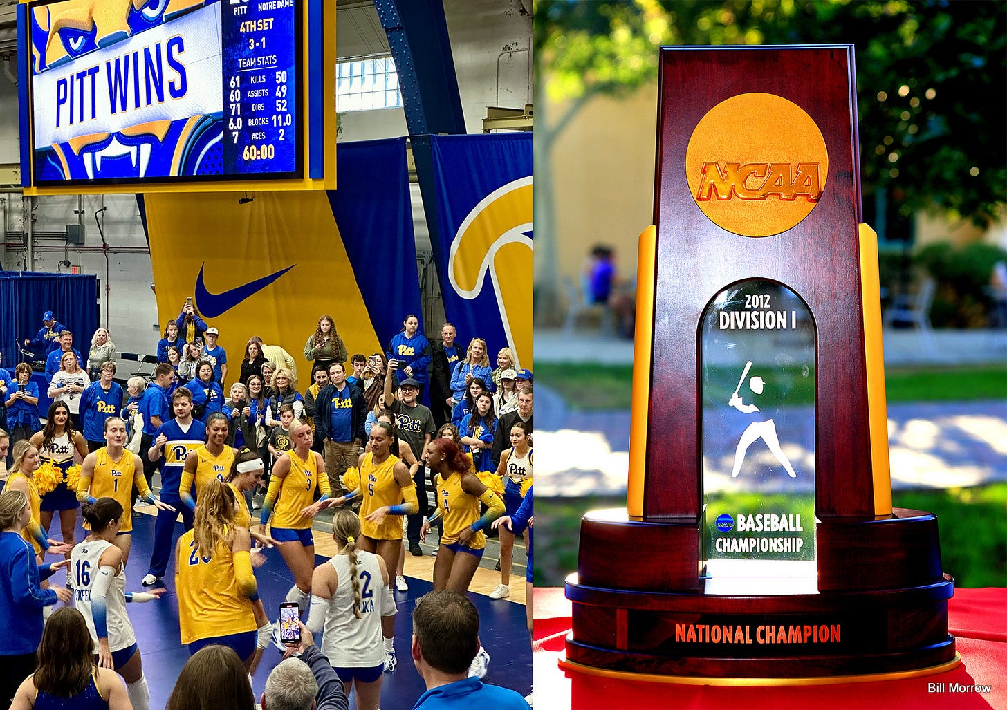 Left image: Pitt volleyball players dancing after a victory in front of a crowd, Right image: an NCAA National Championship trophy taken by Bill Morrow Left image: Pitt volleyball players dancing after a victory in front of a crowd, Right image: an NCAA National Championship trophy taken by Bill Morrow