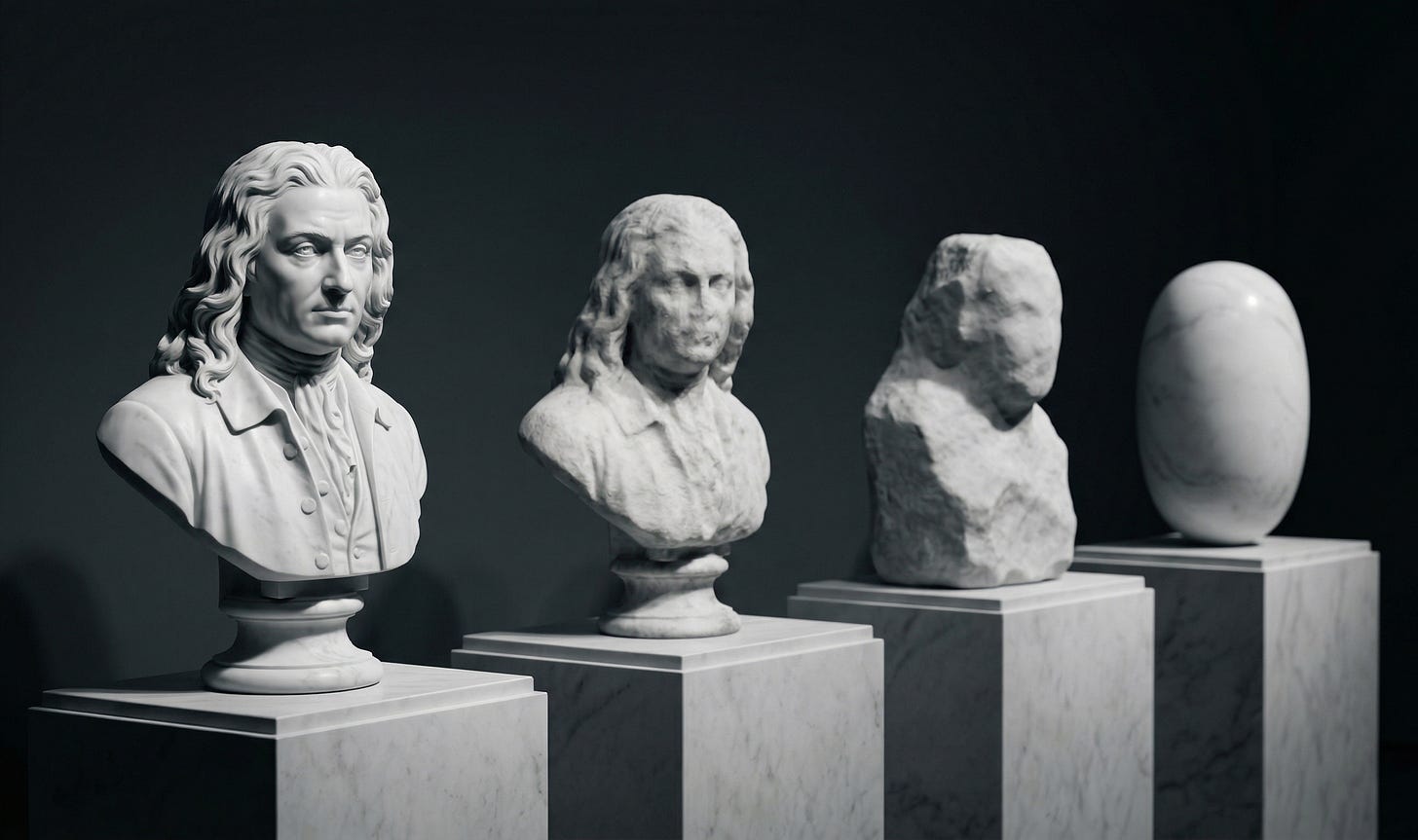 Four marble busts on pedestals in a dark gallery, each progressively more eroded from detailed sculpture to featureless smooth oval