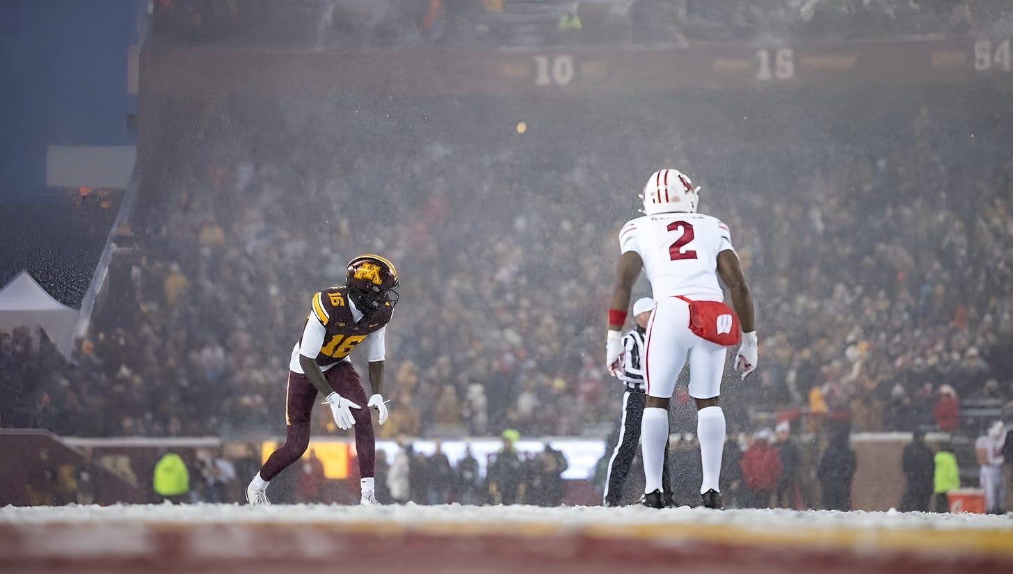 Minnesota WR Malachi Coleman lines up against Wisconsin Badgers cornerback Ricardo Hallman