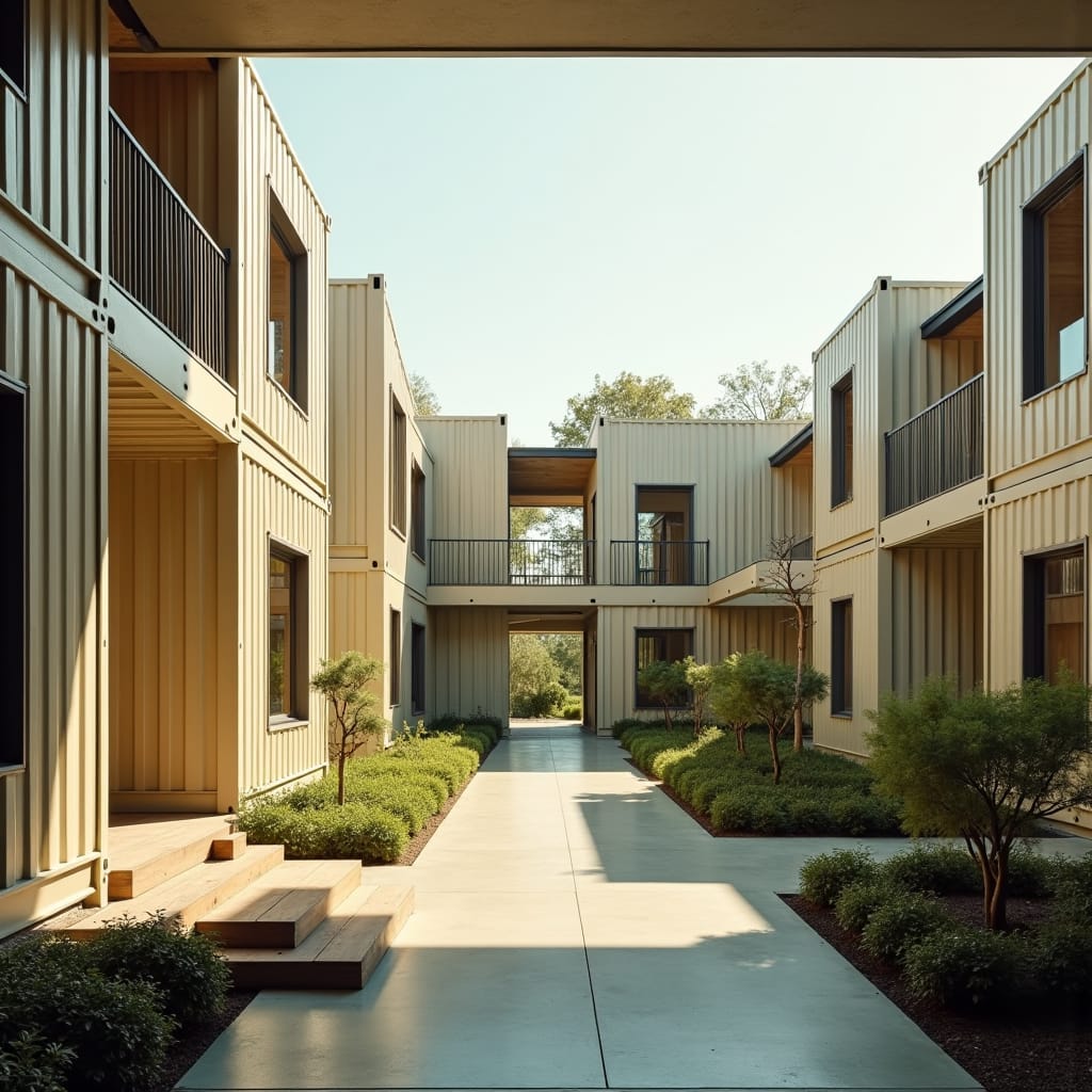 A modern school built entirely from repurposed shipping containers, arranged in a clean and minimalistic design. The containers are painted in neutral tones, with large windows cut into the sides to allow natural light to flood in. Open-air walkways connect the different classrooms, and the layout includes simple outdoor spaces with minimal landscaping. The design is sleek and functional, emphasizing sustainability and efficiency. Minimalist, eco-friendly, modern container architecture.